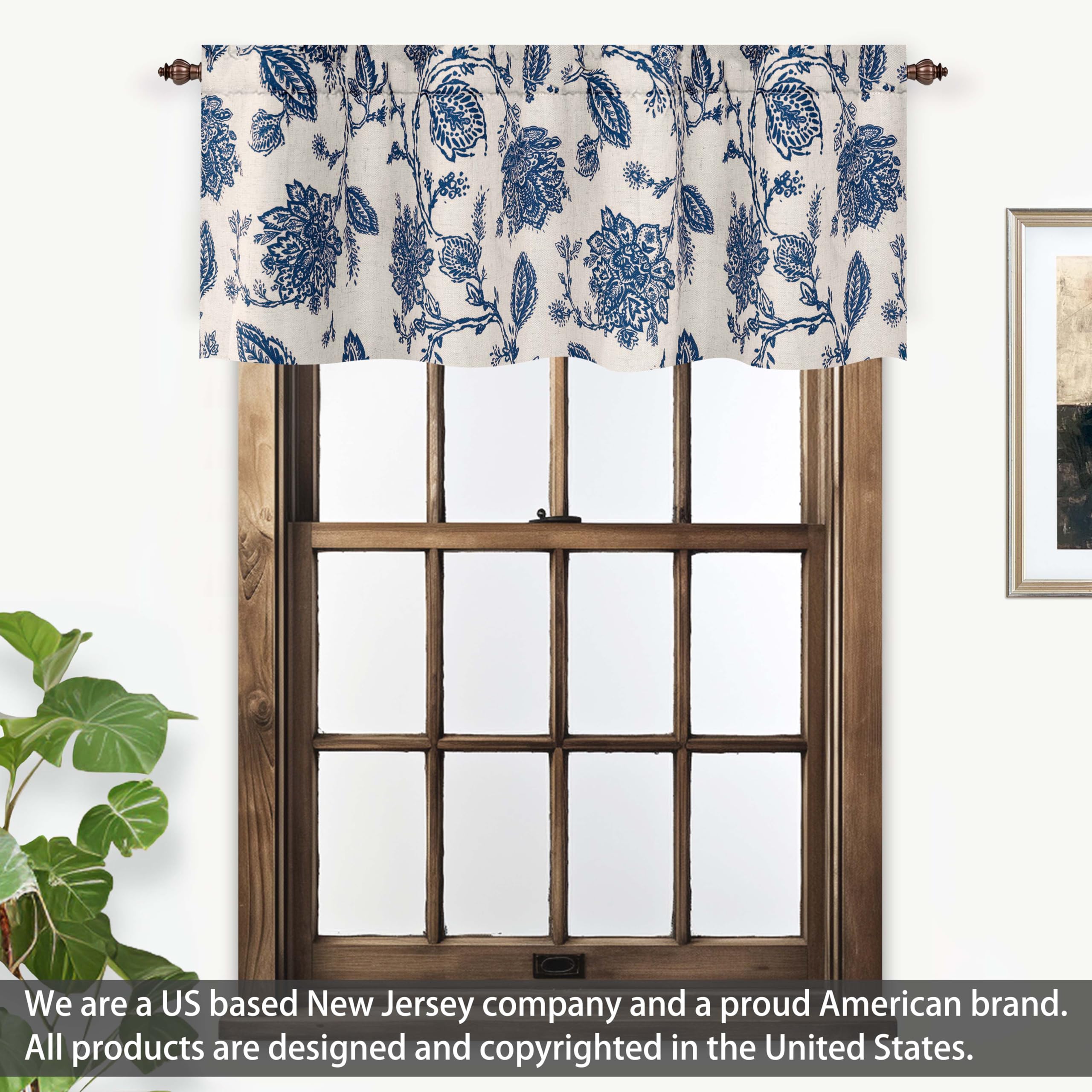 DriftAway Freda Jacobean Floral Linen Blend Blackout Thermal Insulated Energy Saving Privacy Window Linen Curtain Valance Rod Pocket 2 Layers Single 52 Inch by 18 Inch Plus 2 Inch Header Navy Beige