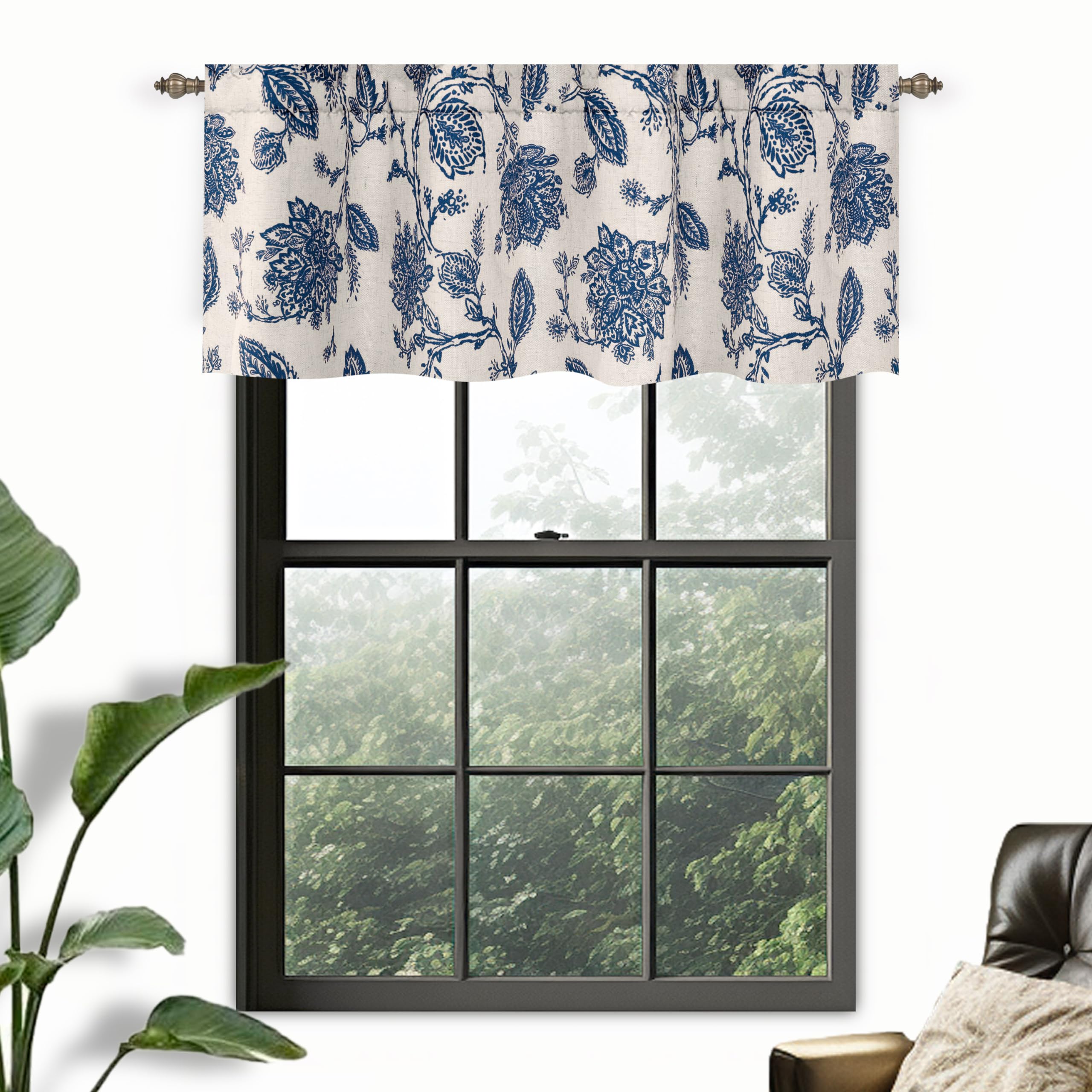 DriftAway Freda Jacobean Floral Linen Blend Blackout Thermal Insulated Energy Saving Privacy Window Linen Curtain Valance Rod Pocket 2 Layers Single 52 Inch by 18 Inch Plus 2 Inch Header Navy Beige