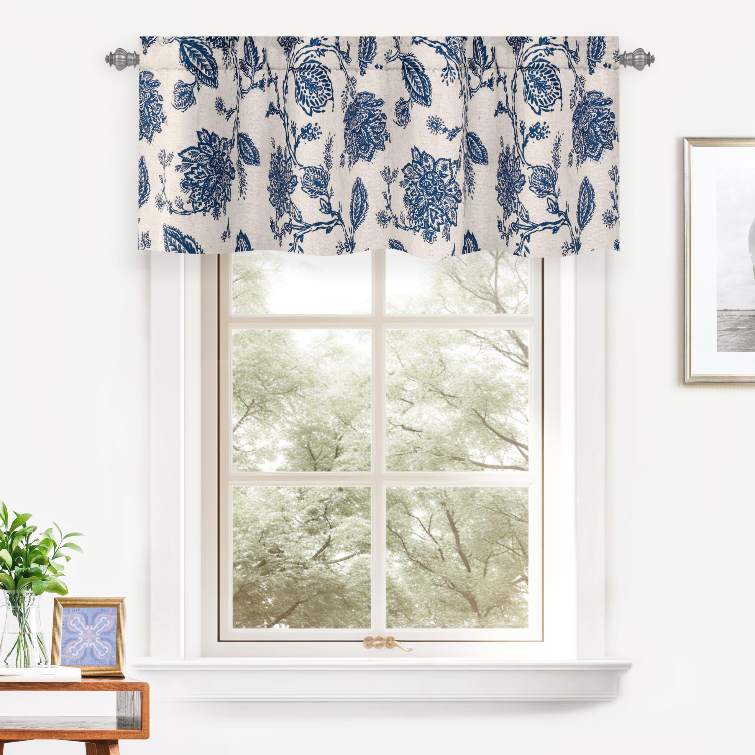 DriftAway Freda Jacobean Floral Linen Blend Blackout Thermal Insulated Energy Saving Privacy Window Linen Curtain Valance Rod Pocket 2 Layers Single 52 Inch by 18 Inch Plus 2 Inch Header Navy Beige