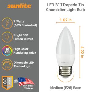 Sunlite 41380-SU LED Torpedo Tip B11 Chandelier Light Bulb, 7 Watts (60W Equivalent), 500 Lumens, Medium Base (E26), Dimmable, 27K - Warm White, 6 Pack, Frost