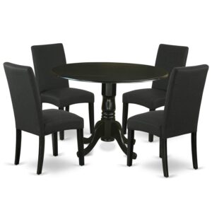 east west furniture dldr5-blk-24 5 piece modern dining table set includes a round wooden table with dropleaf and 4 black color linen fabric upholstered chairs, 42x42 inch, black