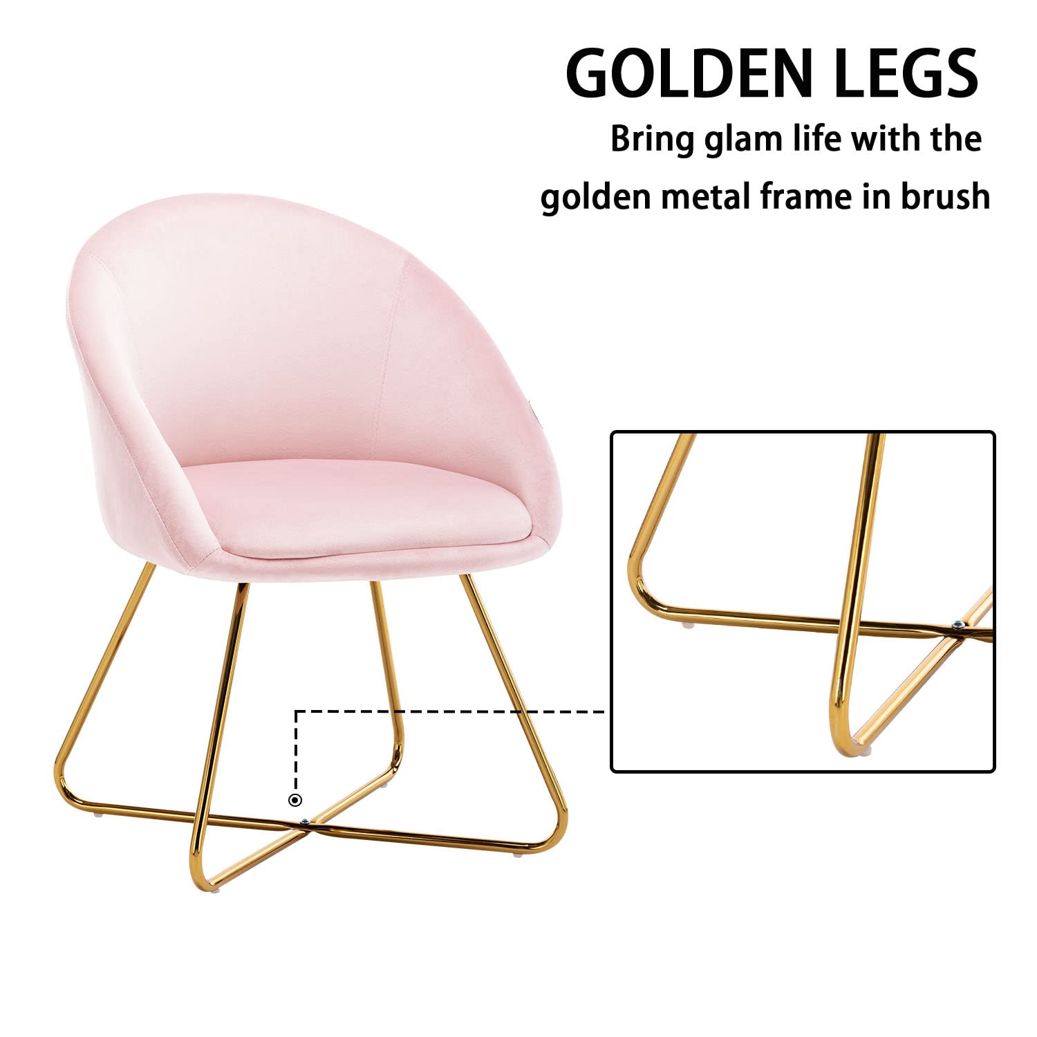 Altrobene Velvet Accent Chair, Modern Kitchen Dining Chairs, Living Room Bedroom Armchair, Home Office Reception Chair, Set of 2, Golden Finished, Pink