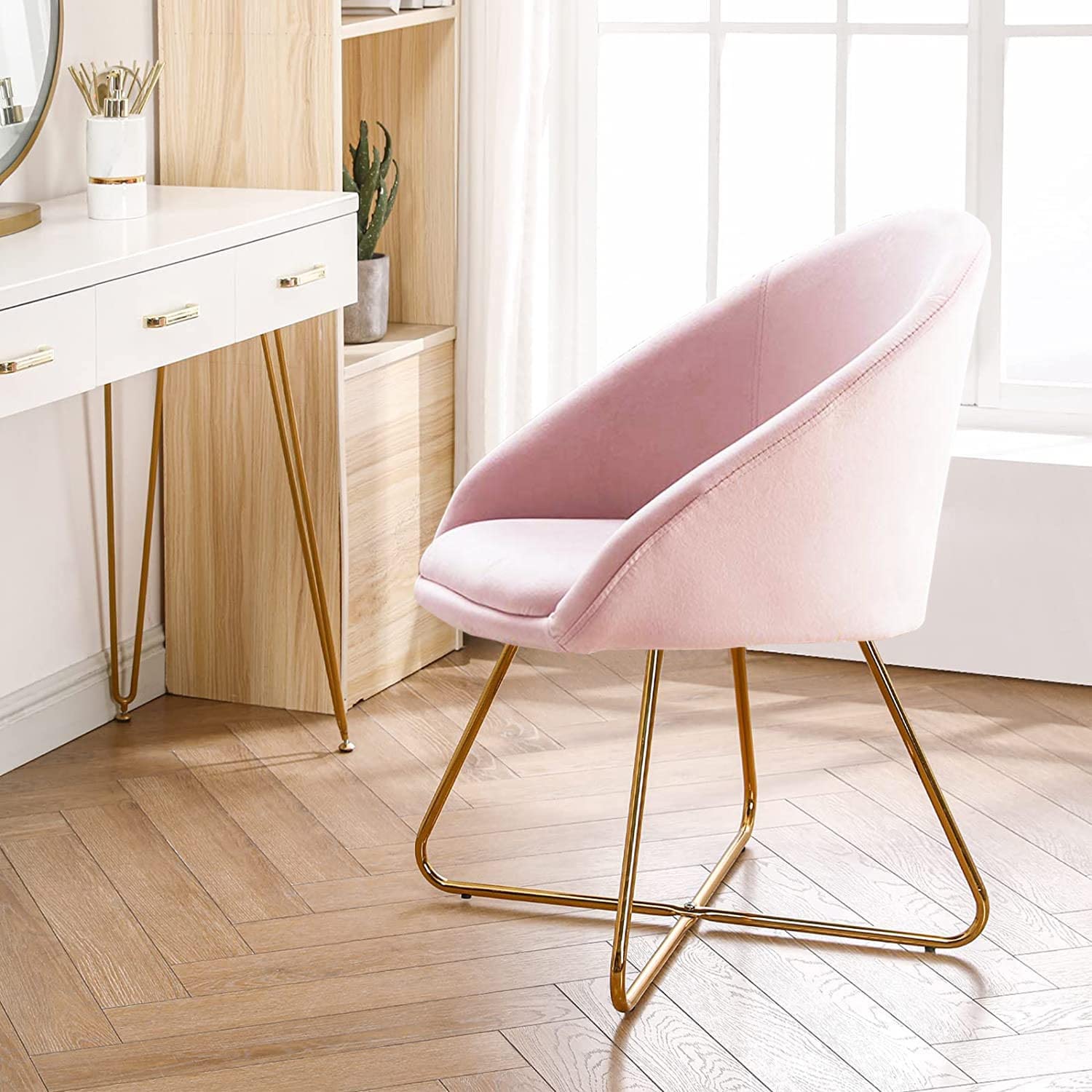 Altrobene Velvet Accent Chair, Modern Kitchen Dining Chairs, Living Room Bedroom Armchair, Home Office Reception Chair, Set of 2, Golden Finished, Pink