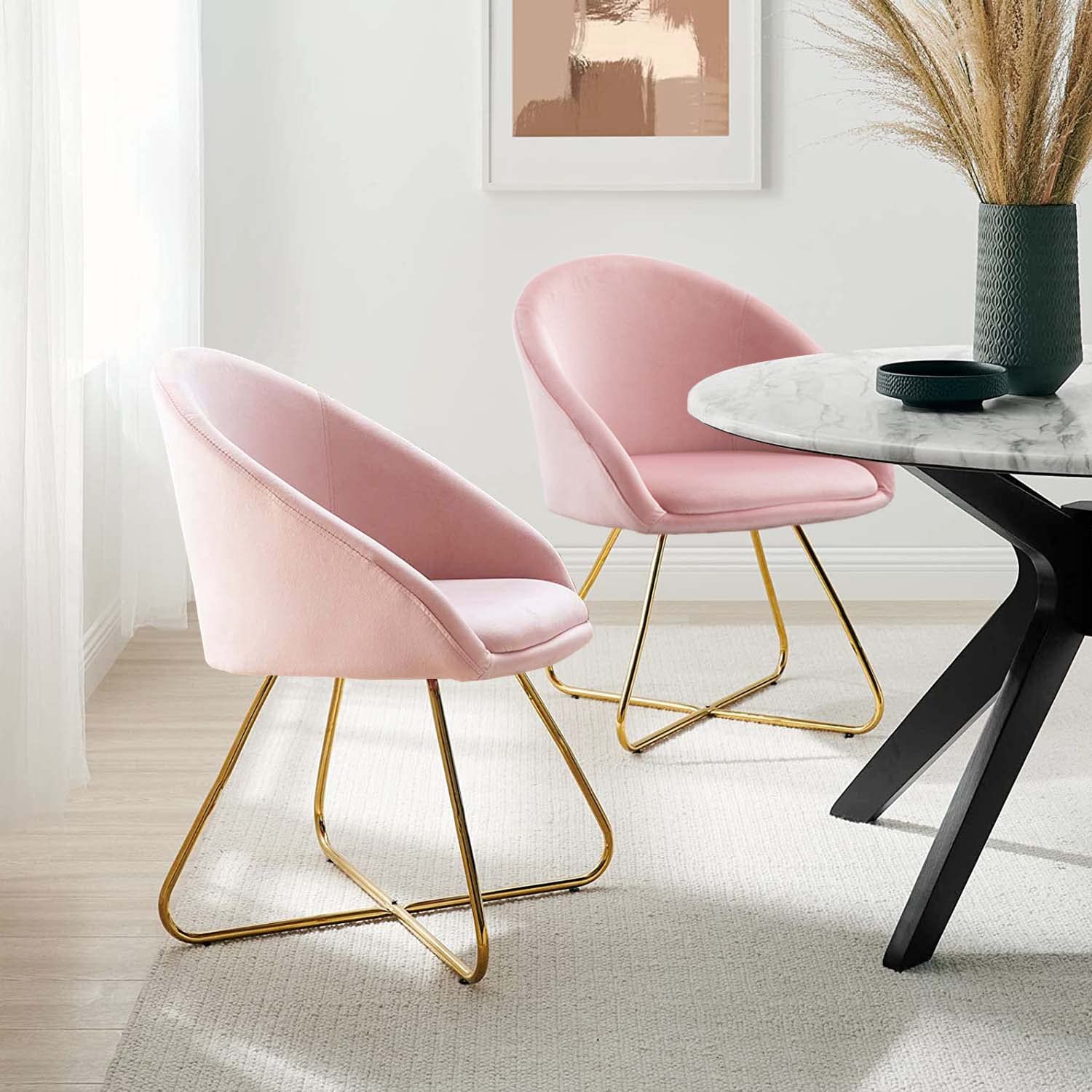 Altrobene Velvet Accent Chair, Modern Kitchen Dining Chairs, Living Room Bedroom Armchair, Home Office Reception Chair, Set of 2, Golden Finished, Pink