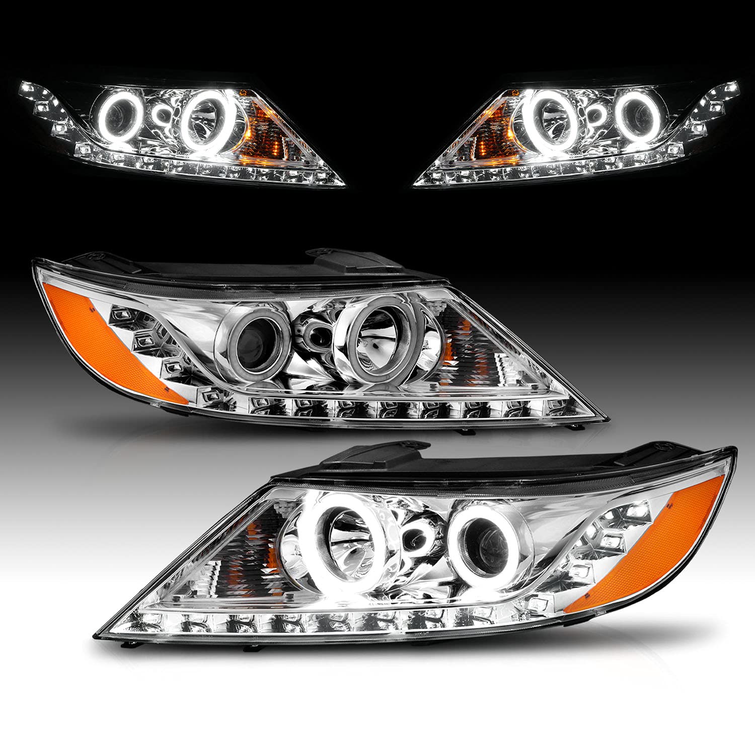 AmeriLite for 2011-2013 Kia SorentoChrome Projector Headlights Ultra Bright LED Halo Set - Passenger and Driver Side