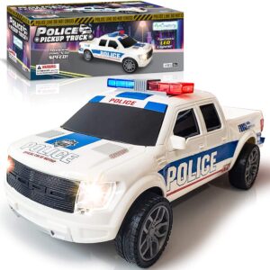 artcreativity police car pickup truck with led headlights and sirens, police car toys for boys 3-5, light-up push and go police car toy, police monster trucks, toy trucks for kids