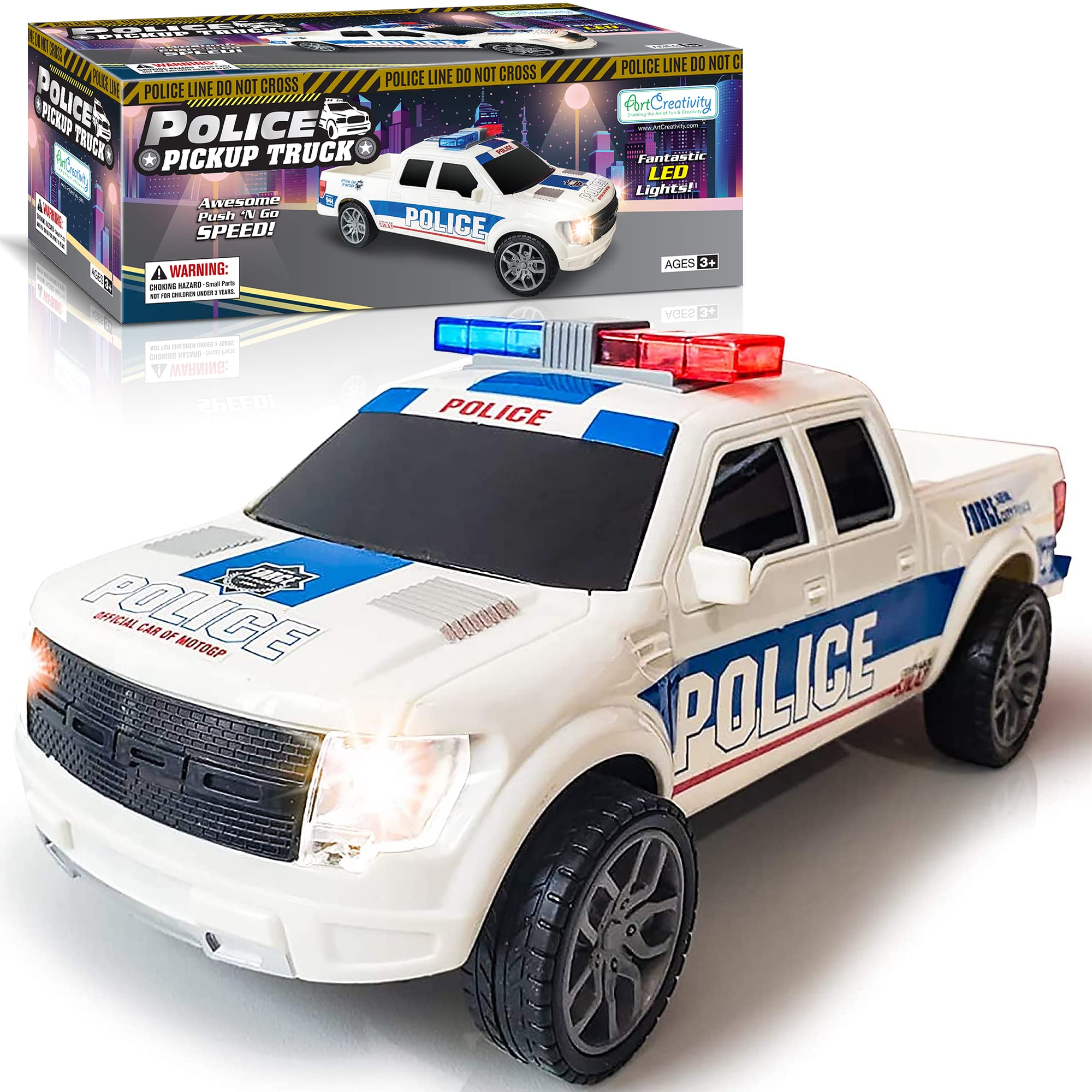 ArtCreativity Police Car Pickup Truck with LED Headlights and Sirens, Police Car Toys for Boys 3-5, Light-Up Push and Go Police Car Toy, Police Monster Trucks, Toy Trucks for Kids