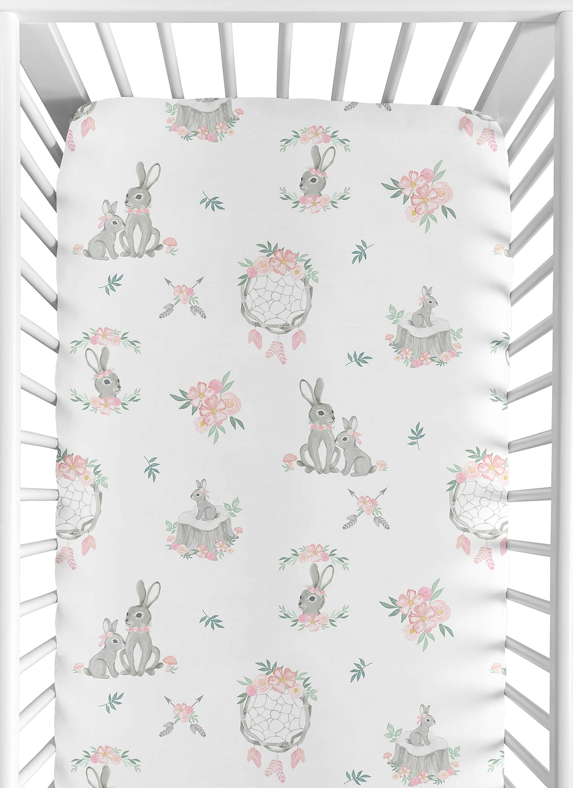 Sweet Jojo Designs Blush Pink and Grey Woodland Boho Dream Catcher Arrow Girl Baby or Toddler Nursery Fitted Crib Sheet for Gray Bunny Floral Collection - Watercolor Rose Flower