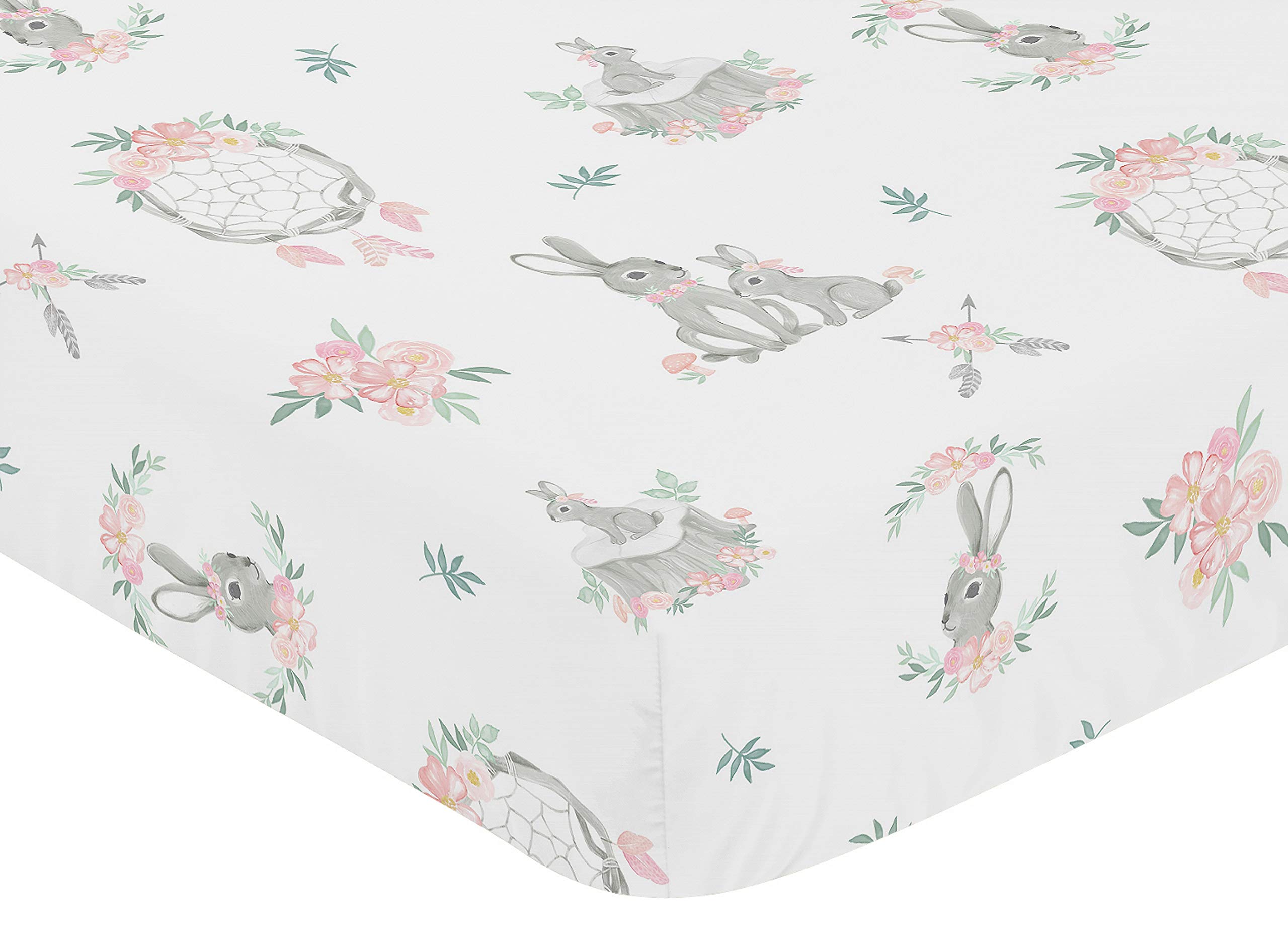 Sweet Jojo Designs Blush Pink and Grey Woodland Boho Dream Catcher Arrow Girl Baby or Toddler Nursery Fitted Crib Sheet for Gray Bunny Floral Collection - Watercolor Rose Flower