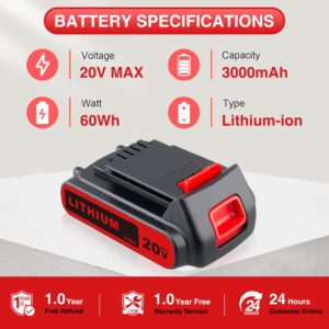 3000mAh 20V Replacement for Black and Decker Battery LBXR20 Max Lithium ion LB20 LBX20 LST220 LBXR2020-OPE LBXR20B-2 LB2X4020,2-Pack