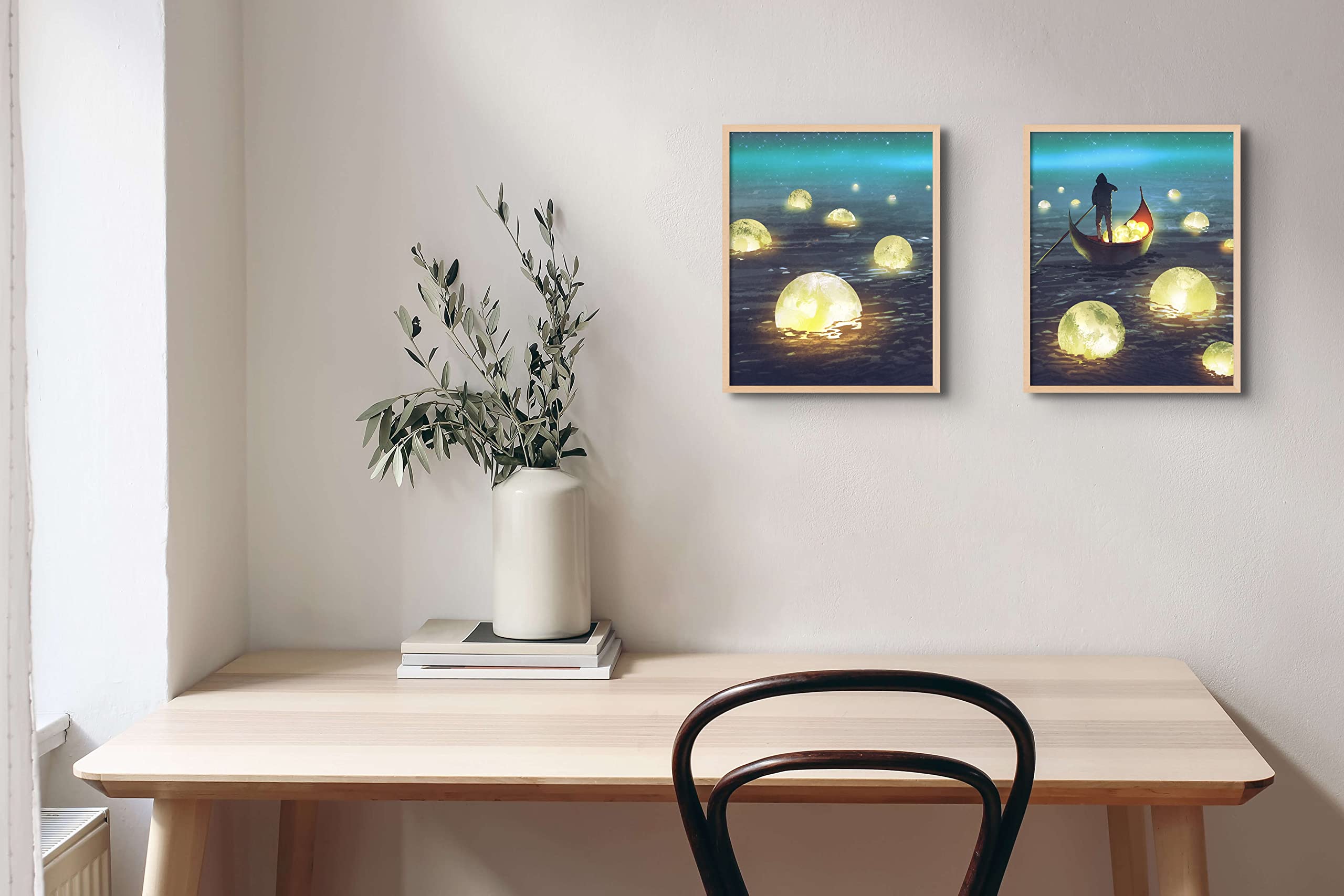 Unframed Pop Prints Anime River Lights - Set of 2 (8x10) Glossy Nature Japanese Painting Wall Art Decor