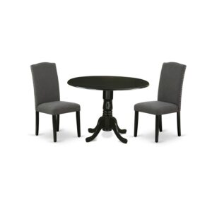 east west furniture dublin 3 piece modern dining set contains a round wooden table with dropleaf and 2 dark gotham linen fabric upholstered chairs, 42x42 inch, black