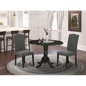 East West Furniture Dublin 3 Piece Modern Dining Set Contains a Round Wooden Table with Dropleaf and 2 Dark Gotham Linen Fabric Upholstered Chairs, 42x42 Inch, Black