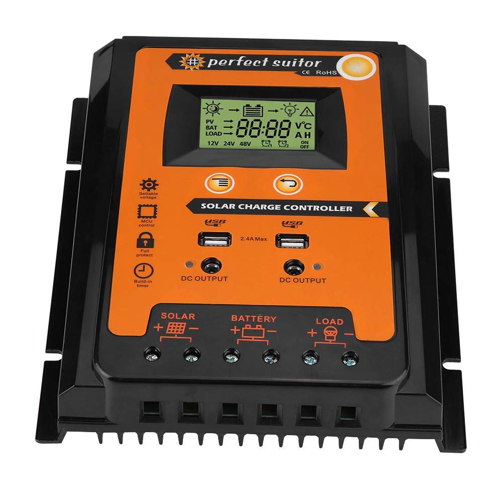 Solar Charge Controller, 12V/24V 50A MPPT Solar Charge Controller Solar Panel Battery Regulator Dual USB LCD Display (50A)