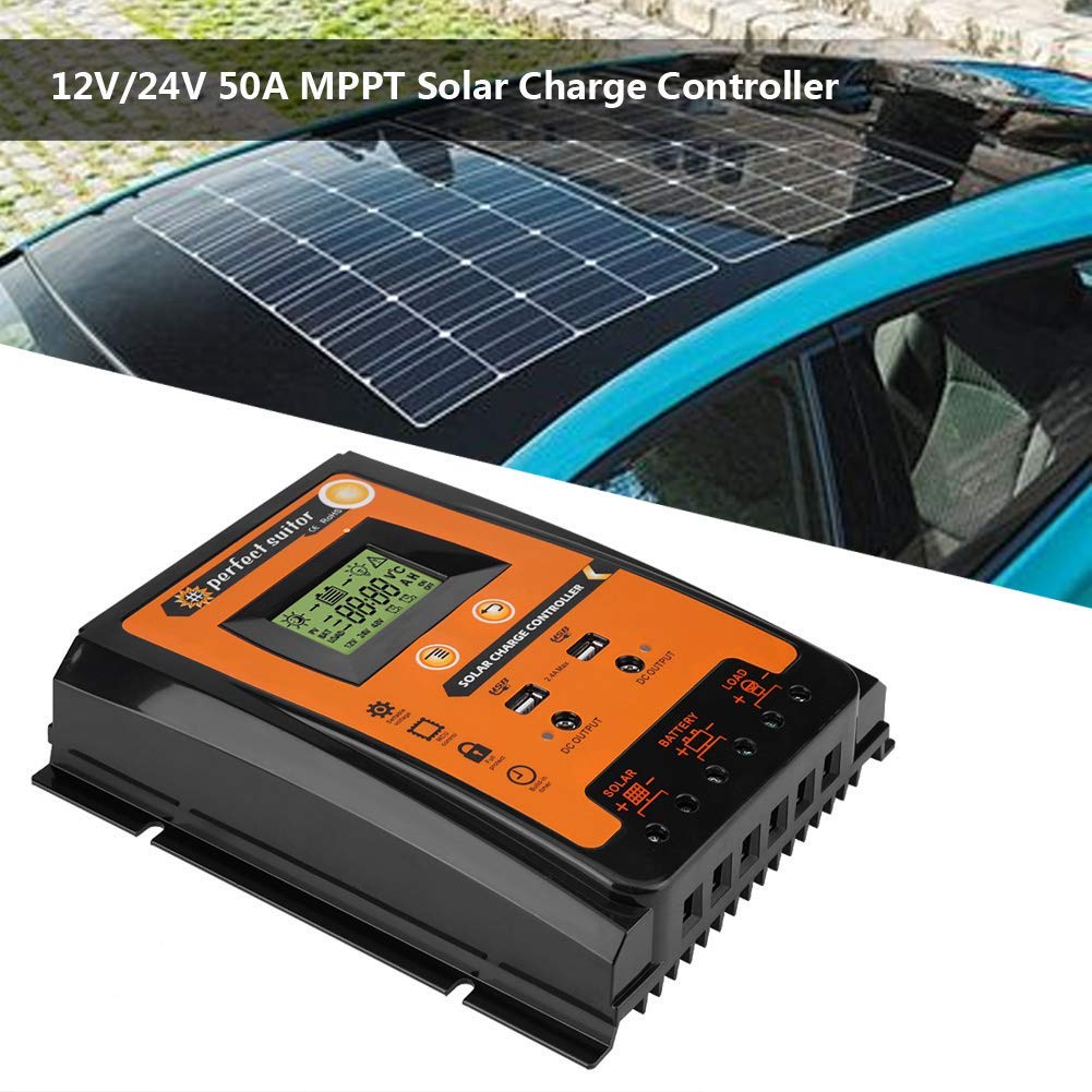 Solar Charge Controller, 12V/24V 50A MPPT Solar Charge Controller Solar Panel Battery Regulator Dual USB LCD Display (50A)