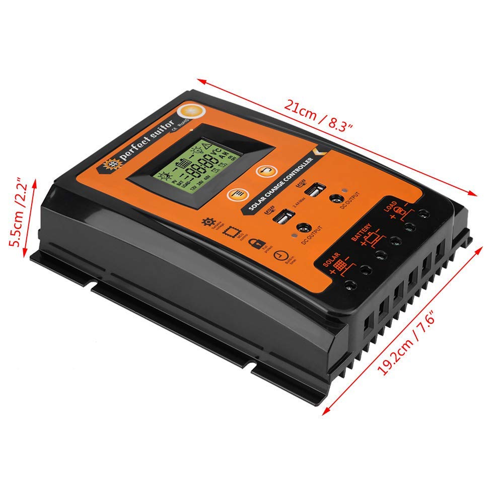 Solar Charge Controller, 12V/24V 50A MPPT Solar Charge Controller Solar Panel Battery Regulator Dual USB LCD Display (50A)