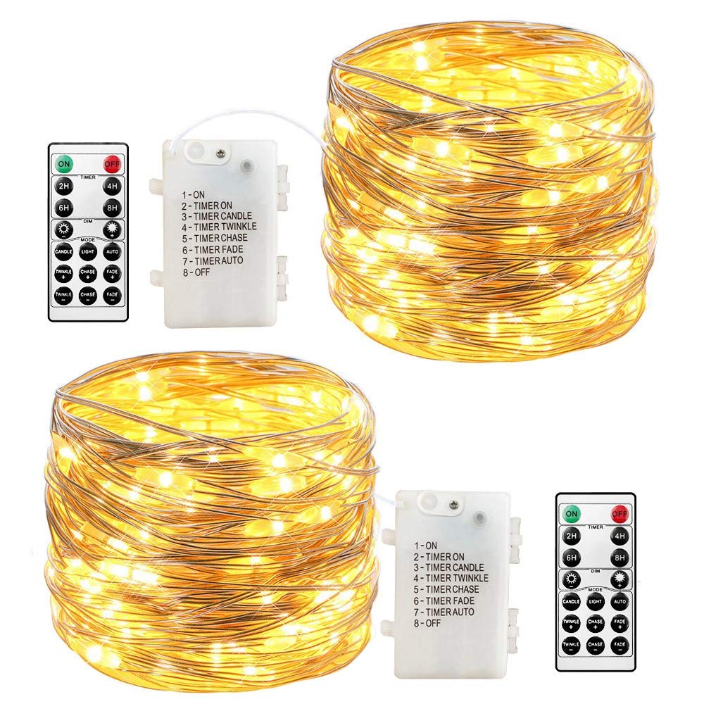 2 Pack LED Fairy Lights Battery Operated, 39ft 120 LED Mini Starry String Lights with Remote Timer, Silver Copper Wire Twinkle Lights for Bedroom Garden Christmas Wedding Party Decor (Warm White)