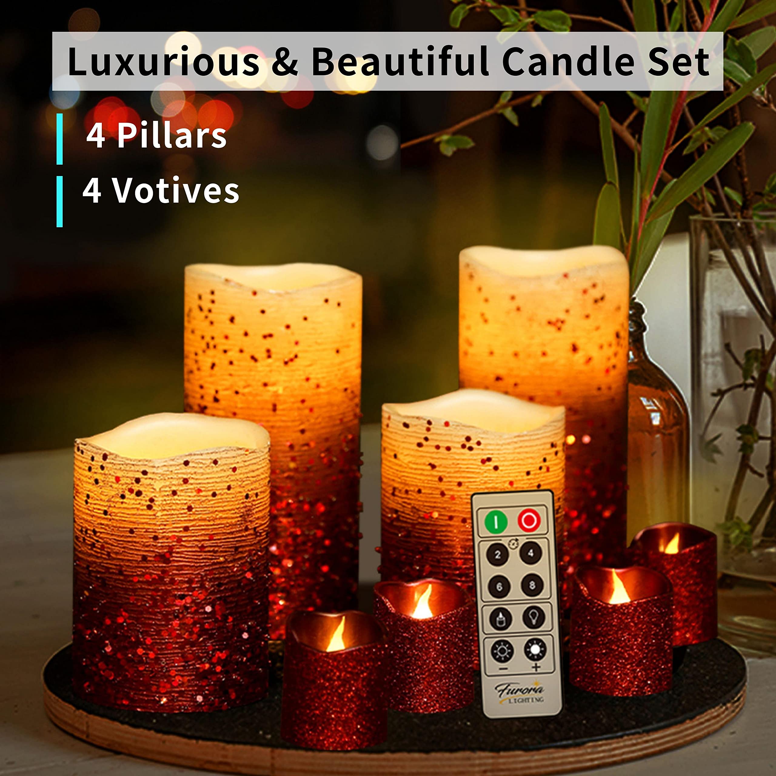 Furora LIGHTING Red Glitter Real Wax LED Candles with Remote and Timer, 4 Pillars and 4 Votives Pack of 8, Flameless Flickering Candles for Home Décor, Battery Included