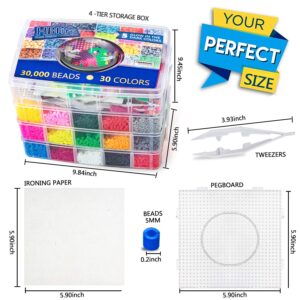 30,000 pcs Fuse Beads Kit 30 Colors 5MM for Kids, Including 10 Ironing Papers,48 Patterns, 7 Clear Pegboards, Tweezers, Perler Beads Compatible Kit