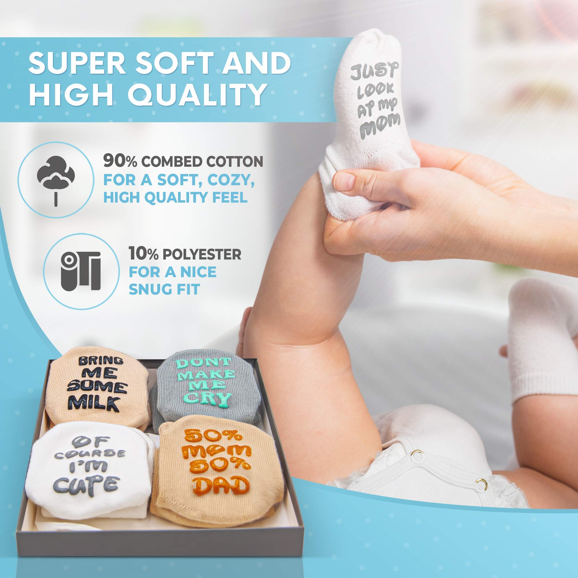 SurBaby Baby Socks Gift Set- Cute & Funny Unique Baby Shower Gifts & Registry Idea-Baby Gift Sets Unisex – 90% Cotton, Anti slip, Cutest Gift Box – Socks with Funny Sayings (4 unique pairs)