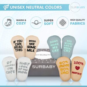 SurBaby Baby Socks Gift Set- Cute & Funny Unique Baby Shower Gifts & Registry Idea-Baby Gift Sets Unisex – 90% Cotton, Anti slip, Cutest Gift Box – Socks with Funny Sayings (4 unique pairs)