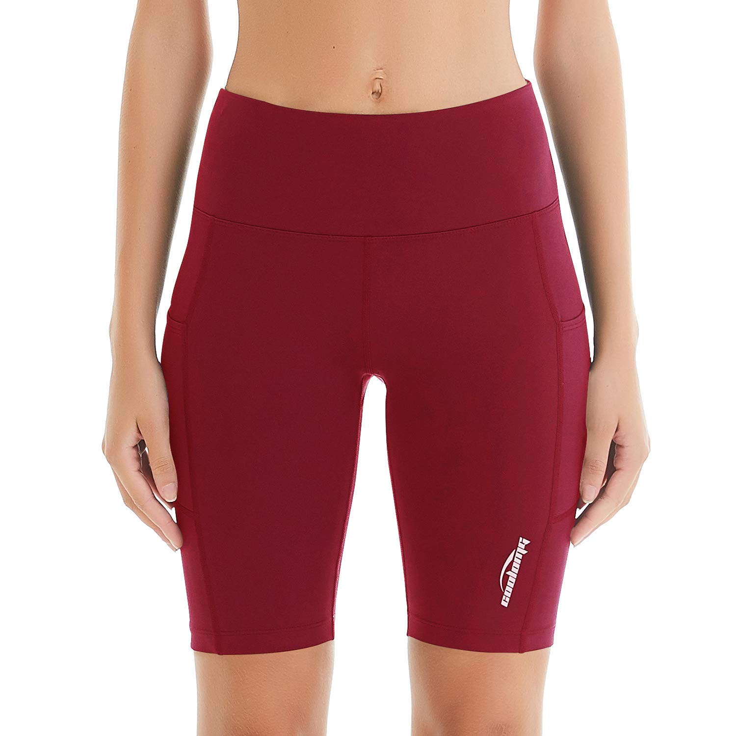 COOLOMG Women's Yoga Shorts Tummy Control Running Workout Bike Athletic Sport Shorts Non See-Through Side Pockets Burgundy Small