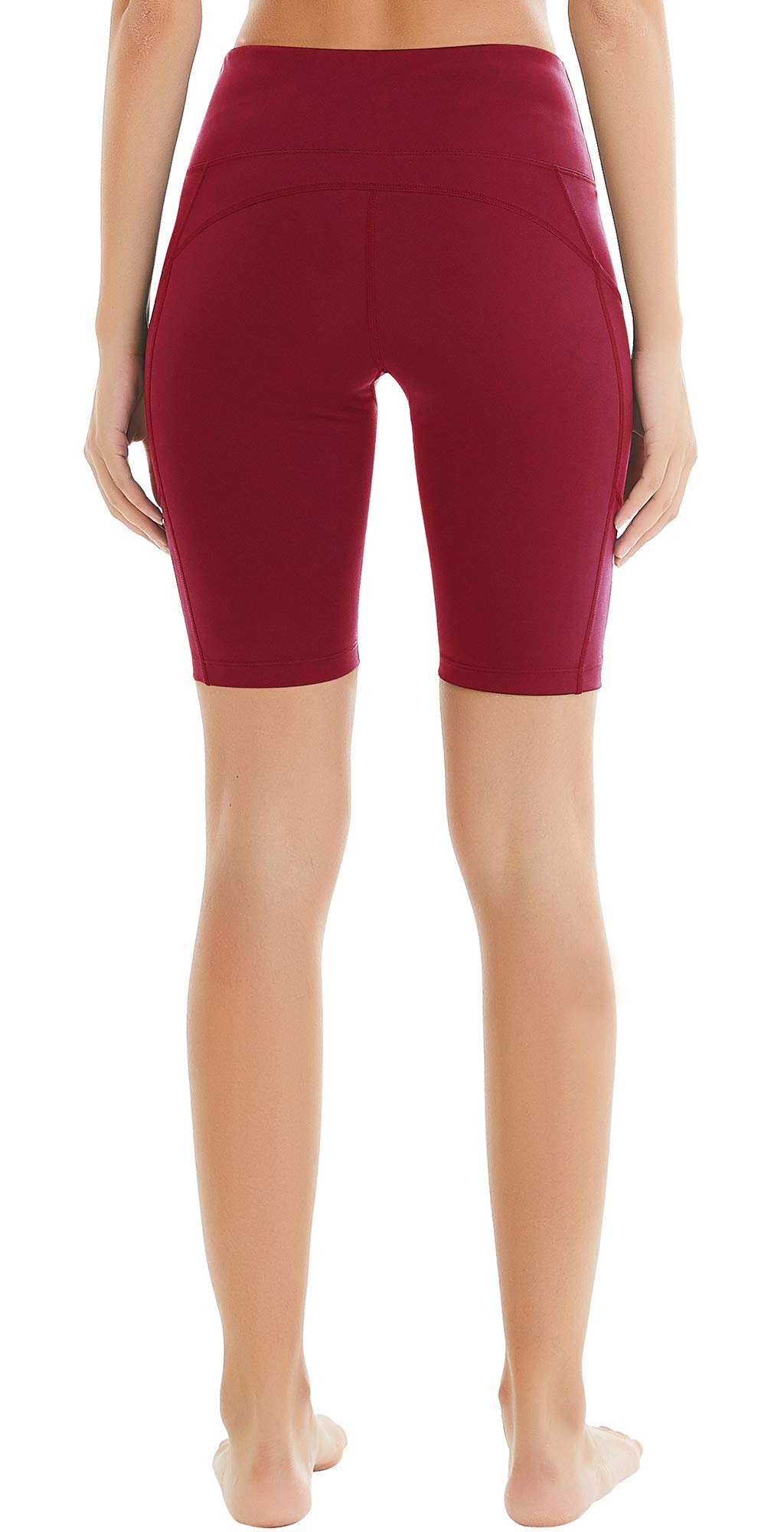 COOLOMG Women's Yoga Shorts Tummy Control Running Workout Bike Athletic Sport Shorts Non See-Through Side Pockets Burgundy Small