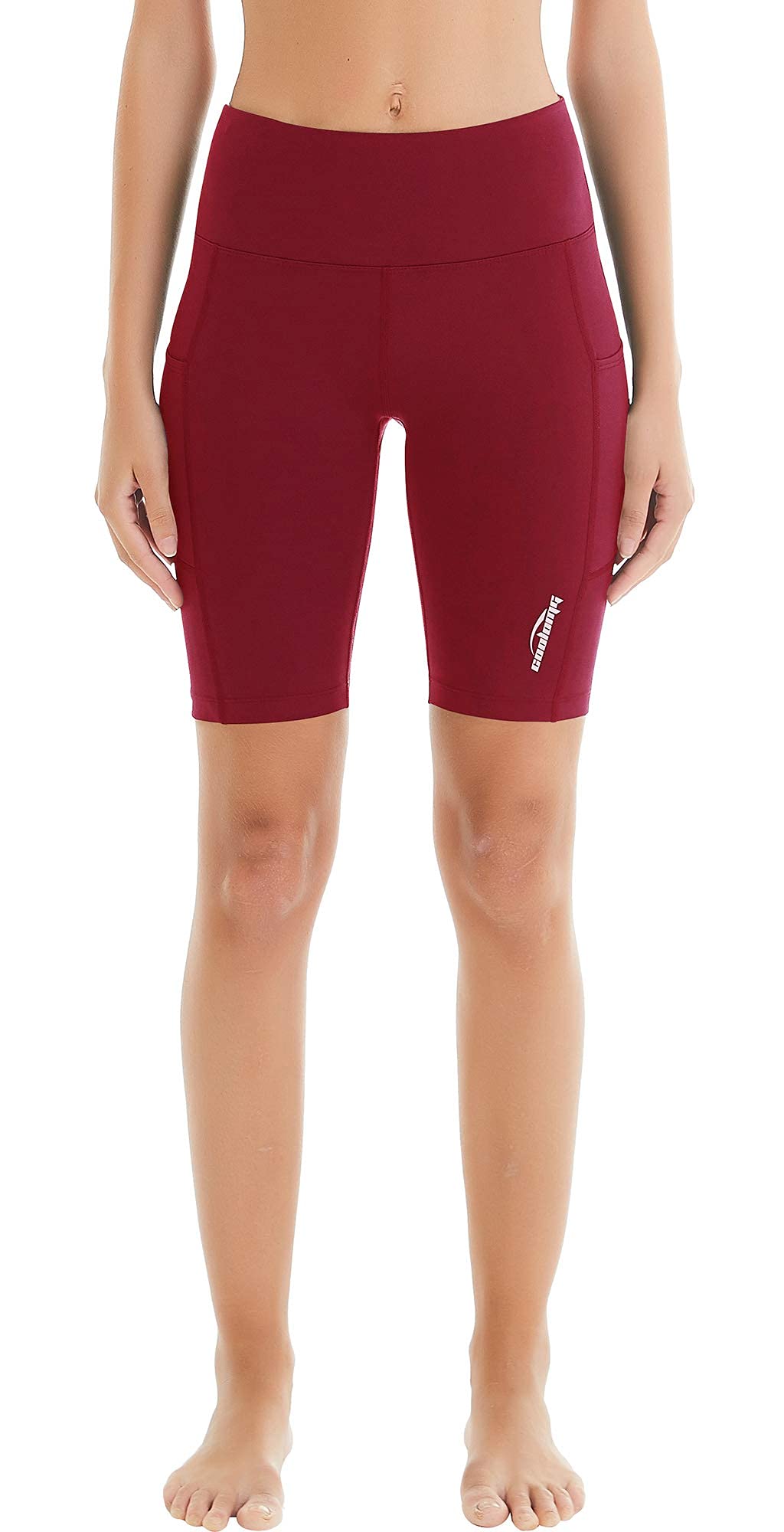 COOLOMG Women's Yoga Shorts Tummy Control Running Workout Bike Athletic Sport Shorts Non See-Through Side Pockets Burgundy Small