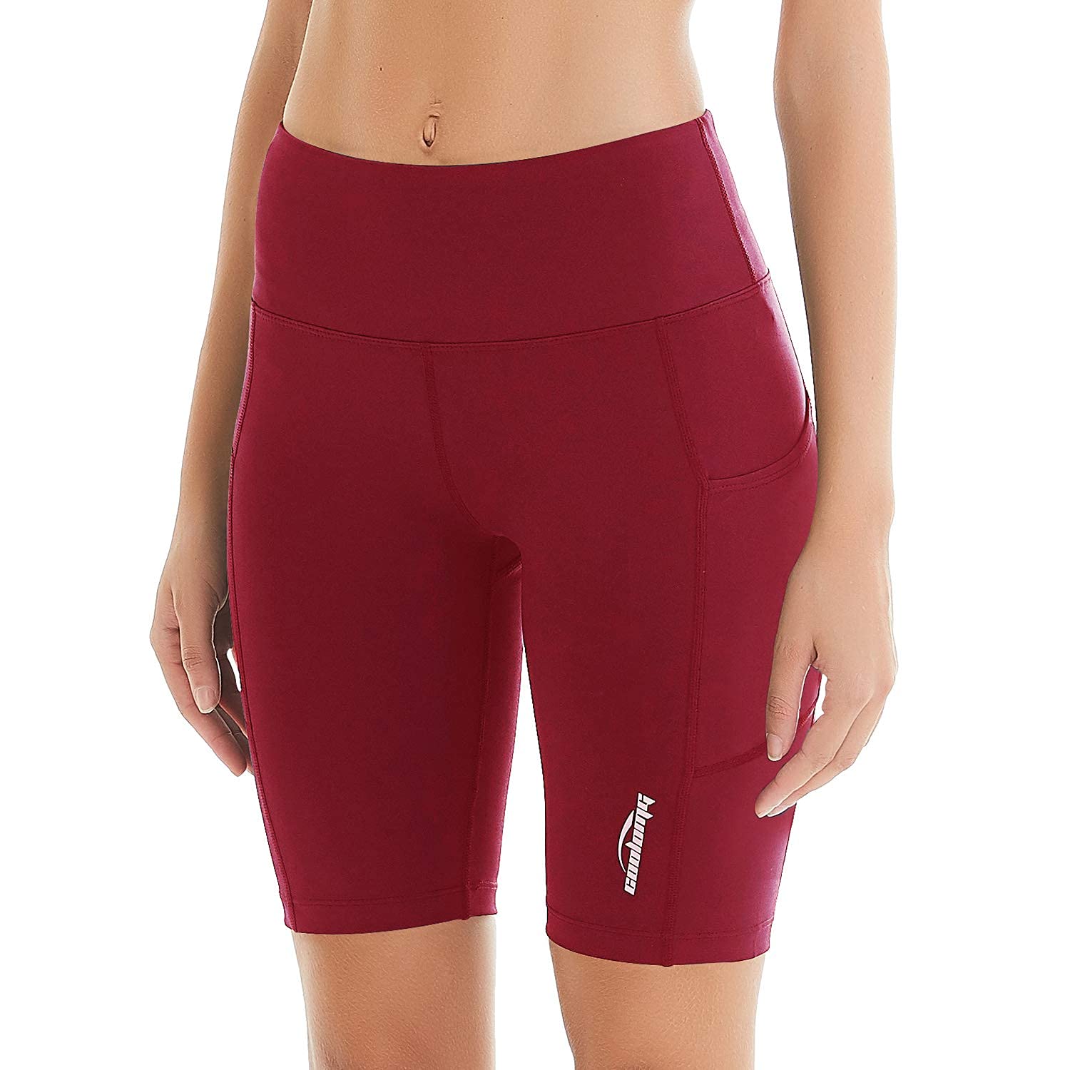 COOLOMG Women's Yoga Shorts Tummy Control Running Workout Bike Athletic Sport Shorts Non See-Through Side Pockets Burgundy Small