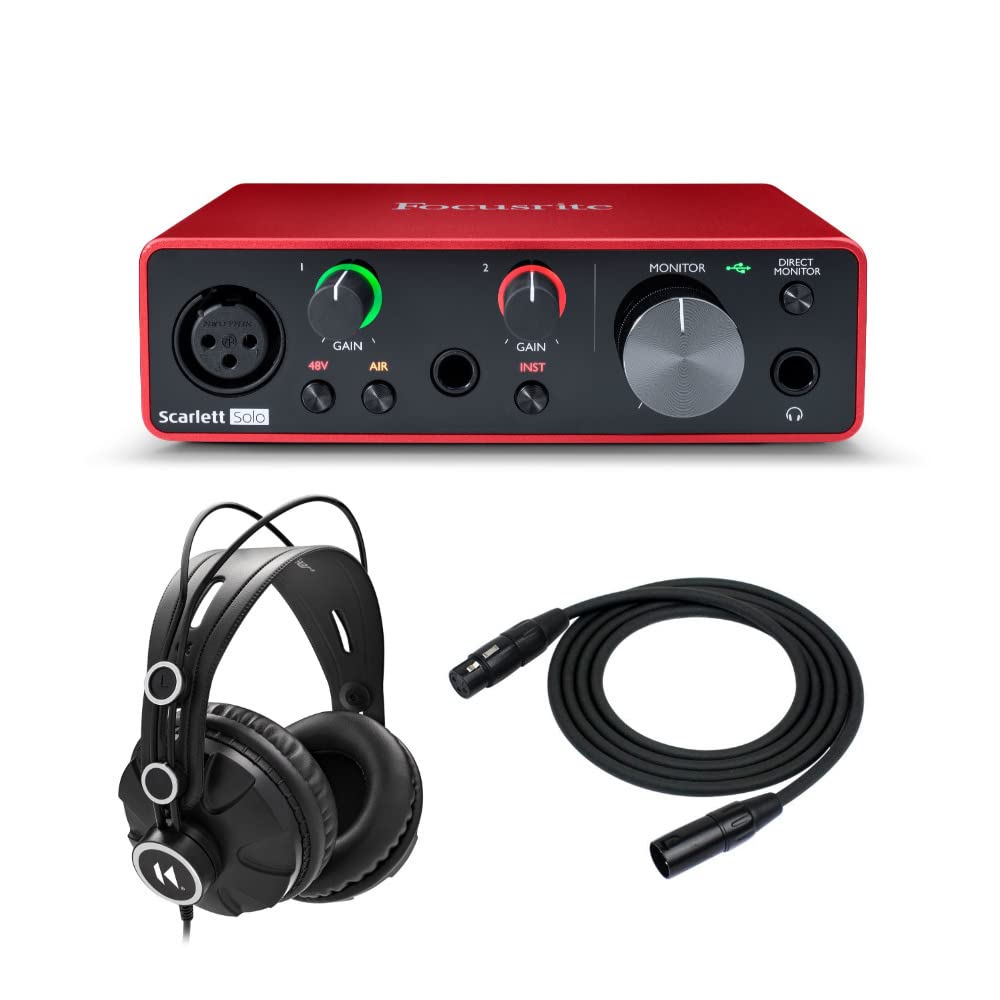 Focusrite Scarlett Solo 3rd Gen USB Audio Interface Bundle with Closed-Back Studio Monitor Headphones and 25-Feet XLR Cable (3 Items)