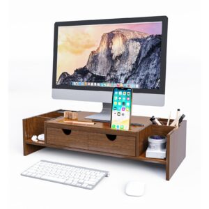 Crestlive Products Monitor Stand Riser, Bamboo Computer Desk Organizer with Adjustable Storage Drawers Laptop Cellphone TV Printer Stand, Antique Brown