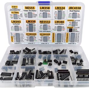 XL IC Chip Assortment 150 pcs, opamp, oscillator, pwm, PC817, NE555, LM358, LM324, JRC4558, LM393, LM339, NE5532, LM386, TDA2030, TDA2822, PT2399, UC3842, UC3843, ULN2003, ULN2803, 7660, Sockets