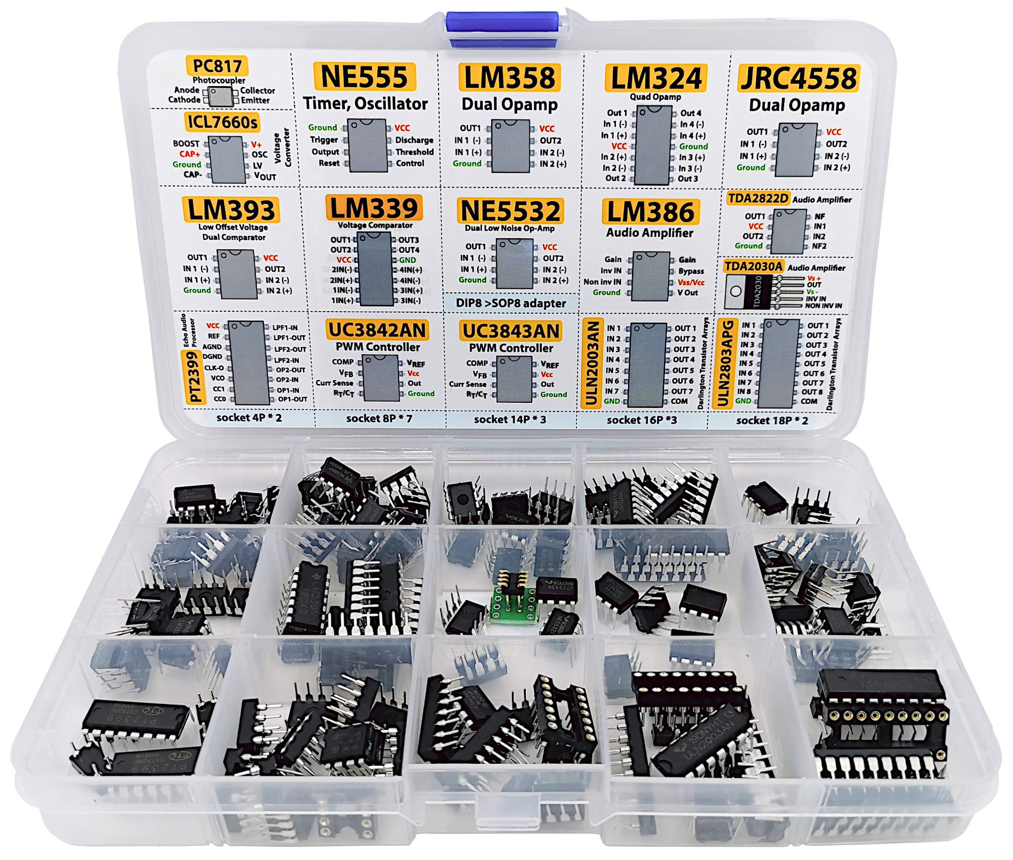 XL IC Chip Assortment 150 pcs, opamp, oscillator, pwm, PC817, NE555, LM358, LM324, JRC4558, LM393, LM339, NE5532, LM386, TDA2030, TDA2822, PT2399, UC3842, UC3843, ULN2003, ULN2803, 7660, Sockets