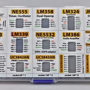 XL IC Chip Assortment 150 pcs, opamp, oscillator, pwm, PC817, NE555, LM358, LM324, JRC4558, LM393, LM339, NE5532, LM386, TDA2030, TDA2822, PT2399, UC3842, UC3843, ULN2003, ULN2803, 7660, Sockets