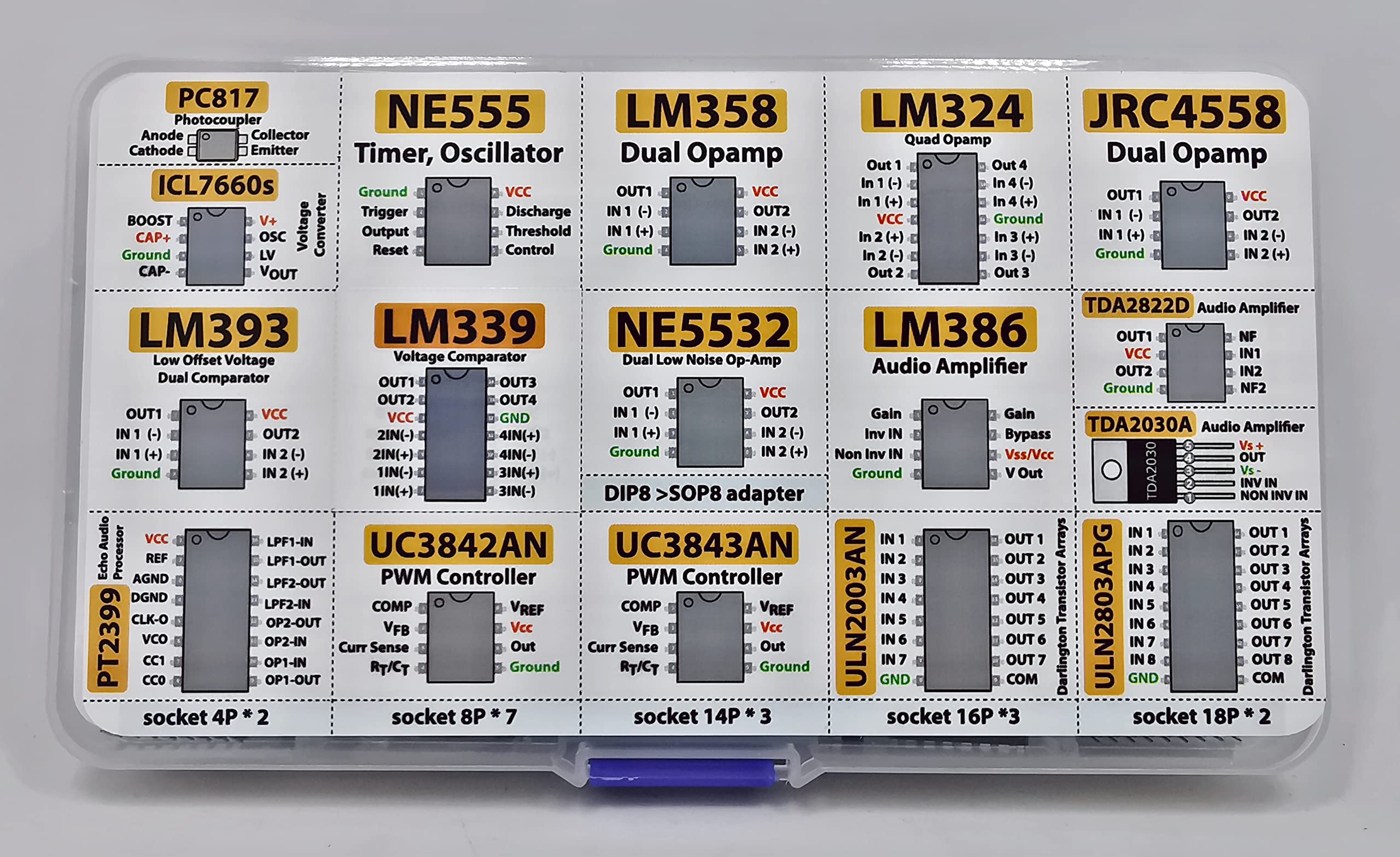 XL IC Chip Assortment 150 pcs, opamp, oscillator, pwm, PC817, NE555, LM358, LM324, JRC4558, LM393, LM339, NE5532, LM386, TDA2030, TDA2822, PT2399, UC3842, UC3843, ULN2003, ULN2803, 7660, Sockets