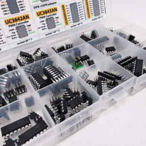 XL IC Chip Assortment 150 pcs, opamp, oscillator, pwm, PC817, NE555, LM358, LM324, JRC4558, LM393, LM339, NE5532, LM386, TDA2030, TDA2822, PT2399, UC3842, UC3843, ULN2003, ULN2803, 7660, Sockets