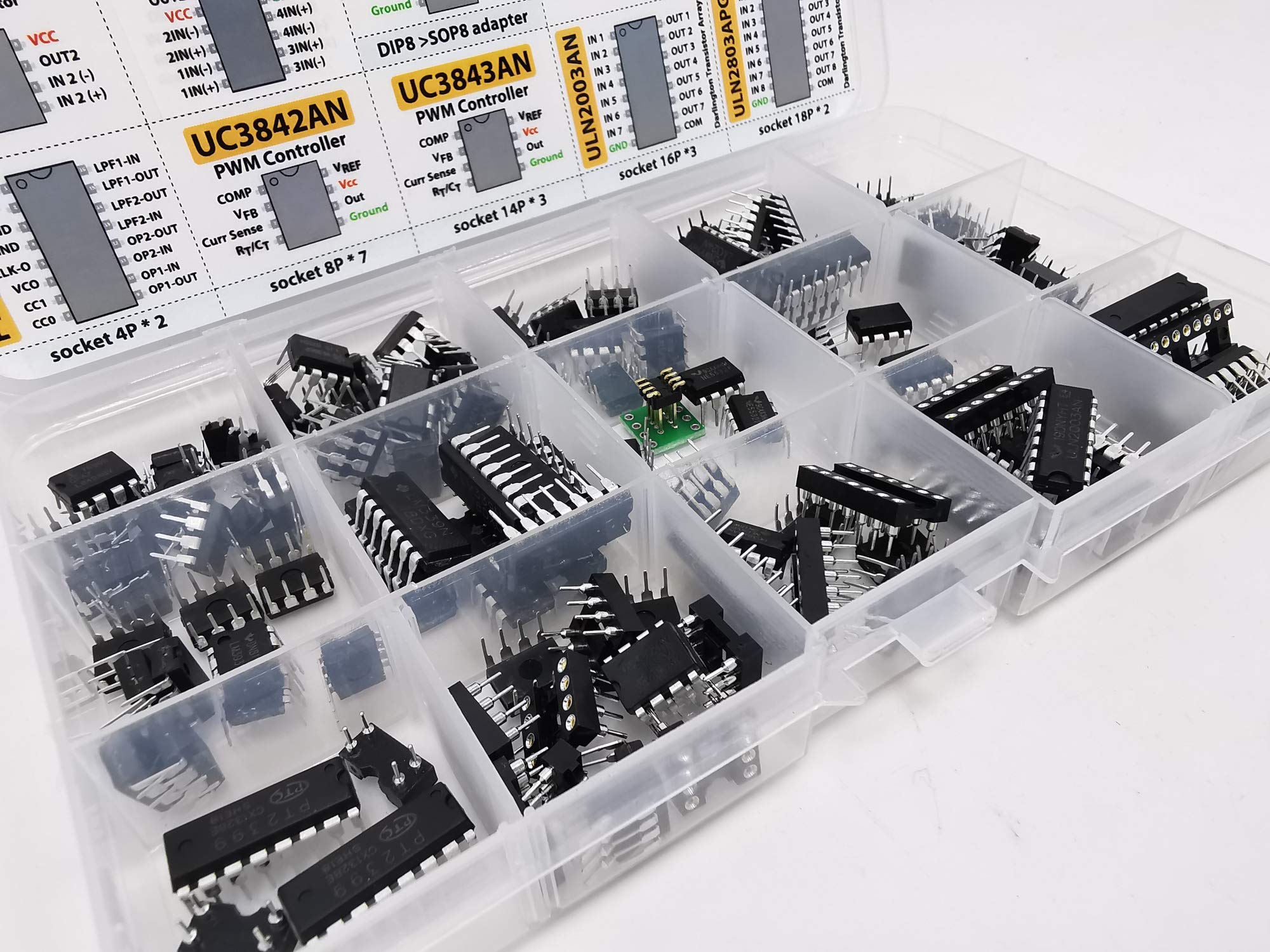 XL IC Chip Assortment 150 pcs, opamp, oscillator, pwm, PC817, NE555, LM358, LM324, JRC4558, LM393, LM339, NE5532, LM386, TDA2030, TDA2822, PT2399, UC3842, UC3843, ULN2003, ULN2803, 7660, Sockets