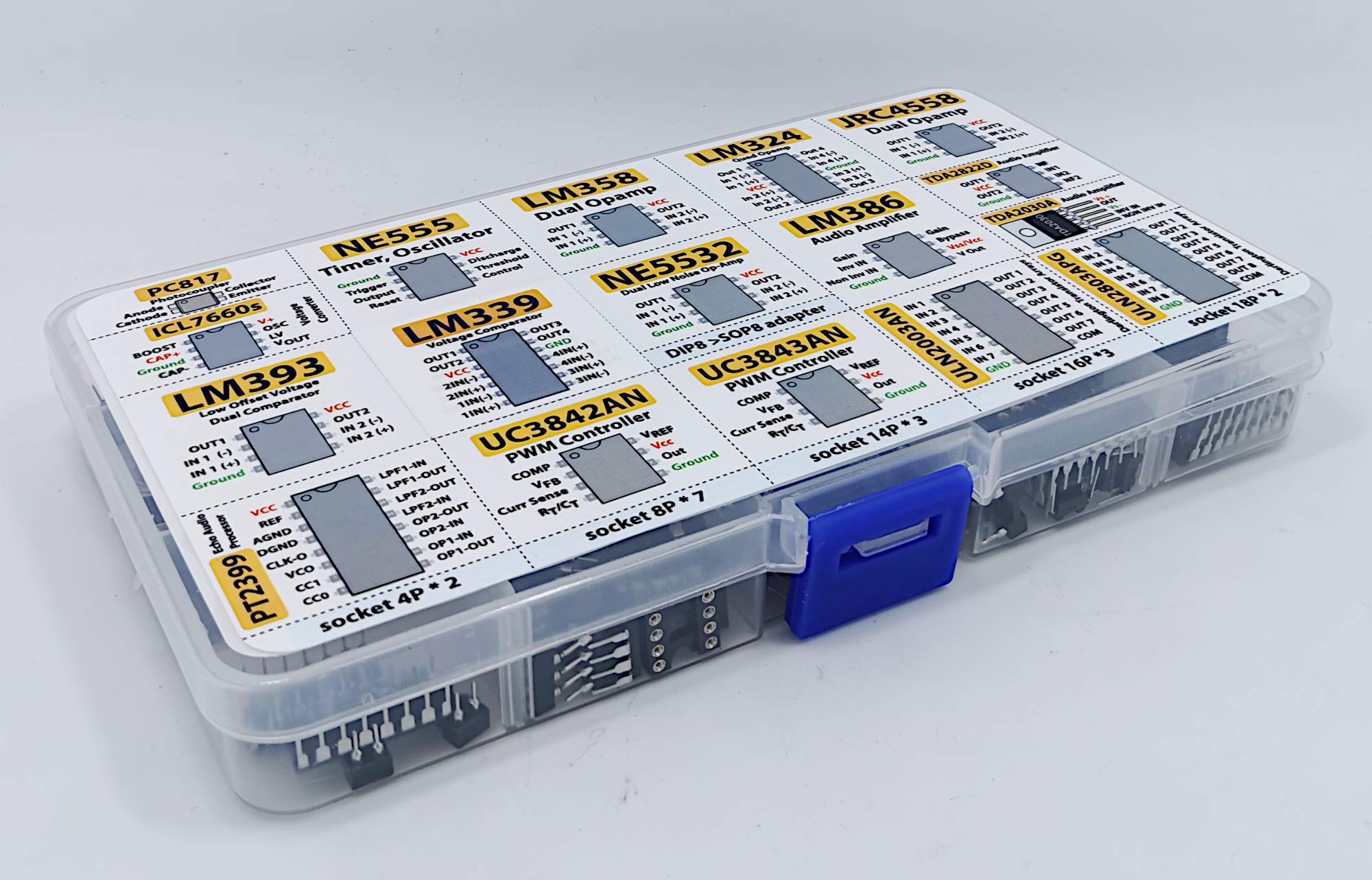 XL IC Chip Assortment 150 pcs, opamp, oscillator, pwm, PC817, NE555, LM358, LM324, JRC4558, LM393, LM339, NE5532, LM386, TDA2030, TDA2822, PT2399, UC3842, UC3843, ULN2003, ULN2803, 7660, Sockets