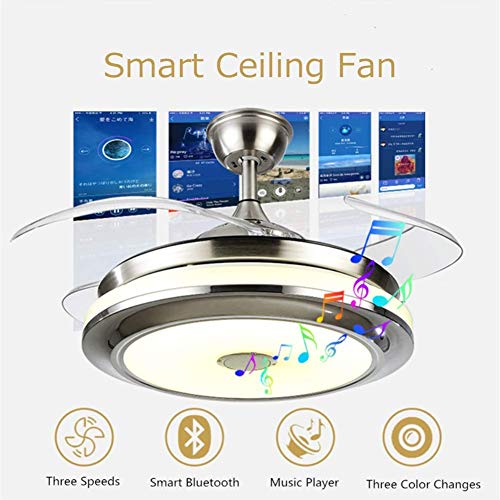 Fandian 42'' Modern Smart Ceiling Fans with Light,Bluetooth Speaker Music Player Chandelier, 3 Colors 3 Speeds Retractable Blades with Remote Control, Silent Motor with LED Kits (42in-Silver1)