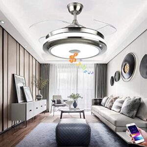 Fandian 42'' Modern Smart Ceiling Fans with Light,Bluetooth Speaker Music Player Chandelier, 3 Colors 3 Speeds Retractable Blades with Remote Control, Silent Motor with LED Kits (42in-Silver1)