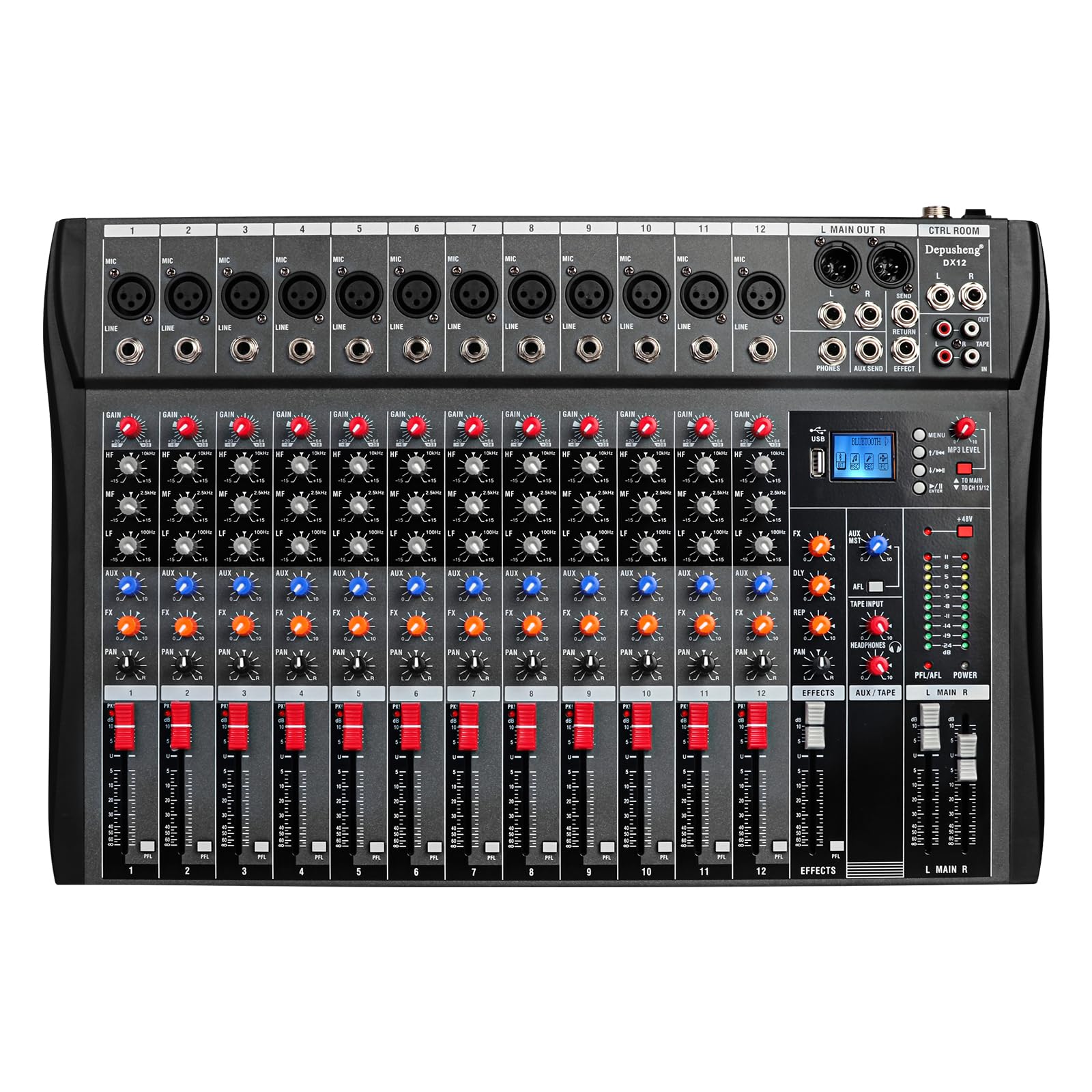 Depensheng DX12 DJ Sound Controller Interface w/USB Drive for Computer Recording 12-Channel Studio Audio Mixer - XLR Microphone Jack, 48V Power, RCA Input/Output for Professional and Beginners