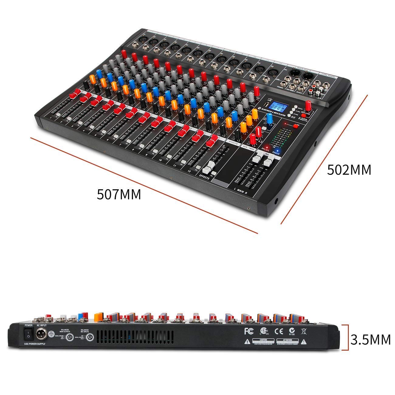 Depensheng DX12 DJ Sound Controller Interface w/USB Drive for Computer Recording 12-Channel Studio Audio Mixer - XLR Microphone Jack, 48V Power, RCA Input/Output for Professional and Beginners