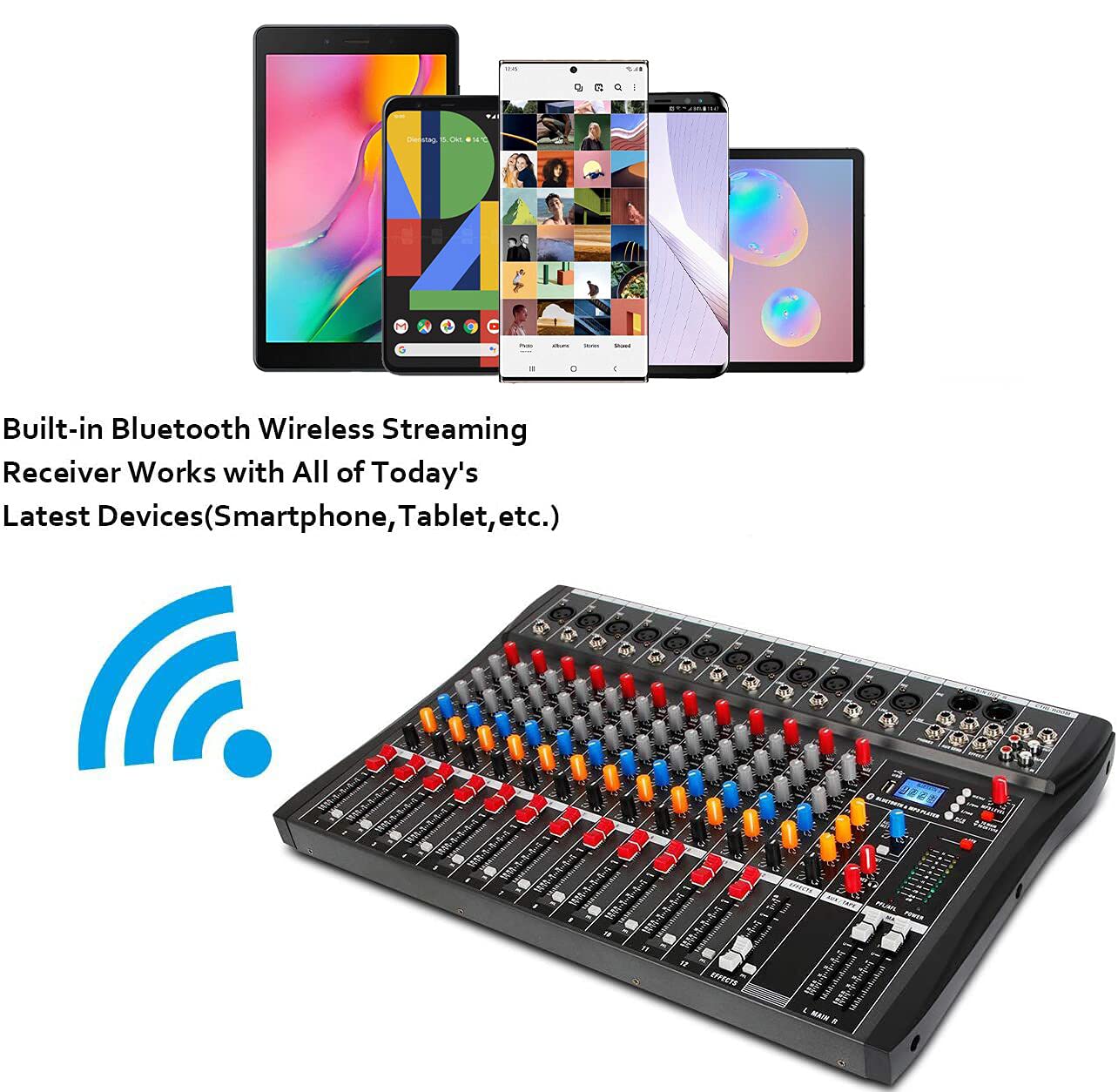 Depensheng DX12 DJ Sound Controller Interface w/USB Drive for Computer Recording 12-Channel Studio Audio Mixer - XLR Microphone Jack, 48V Power, RCA Input/Output for Professional and Beginners