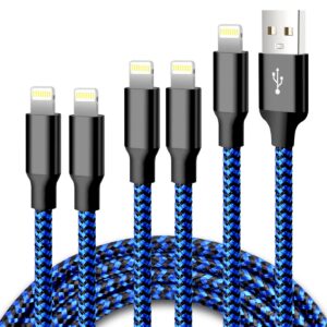 cugunu iphone charger, 5 pack 3/3/6/6/10ft apple mfi certified usb lightning cable nylon braided fast charging cord compatible for iphone 14/13/12/11/x/max/8/7/6/5/se/plus/ipad - black blue
