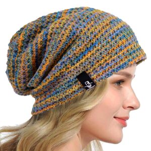 hisshe women's slouchy beanie knit beret skull cap baggy winter summer hat b08w (blue/yellow/purple)