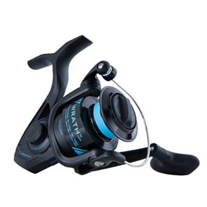 penn wrath spinning inshore fishing reel, oil felt front drag, max of 10lb | 4.5kg, made with a lightweight, corrosion-resistant graphite body, black, blue, 2500