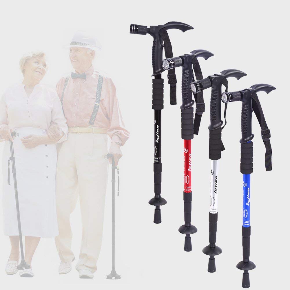 capus Aluminum Trekking Poles T-Handle Anti-Shock Telescopic Walking Cane Hiking Sticks with LED Light (Black)