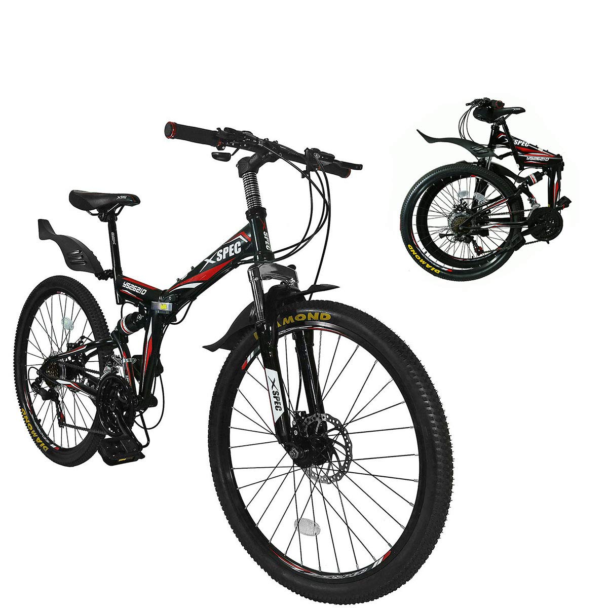 Xspec 26" 21 Speed Folding Mountain Bike Bicycle Trail Commuter, Black