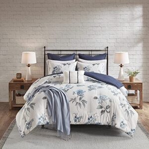madison park zennia farmhouse comforter set with throw-blanket, floral print on seersucker textures, all season bedding, matching shams, toss pillows, full/queen(90"x90"), blue 7 piece