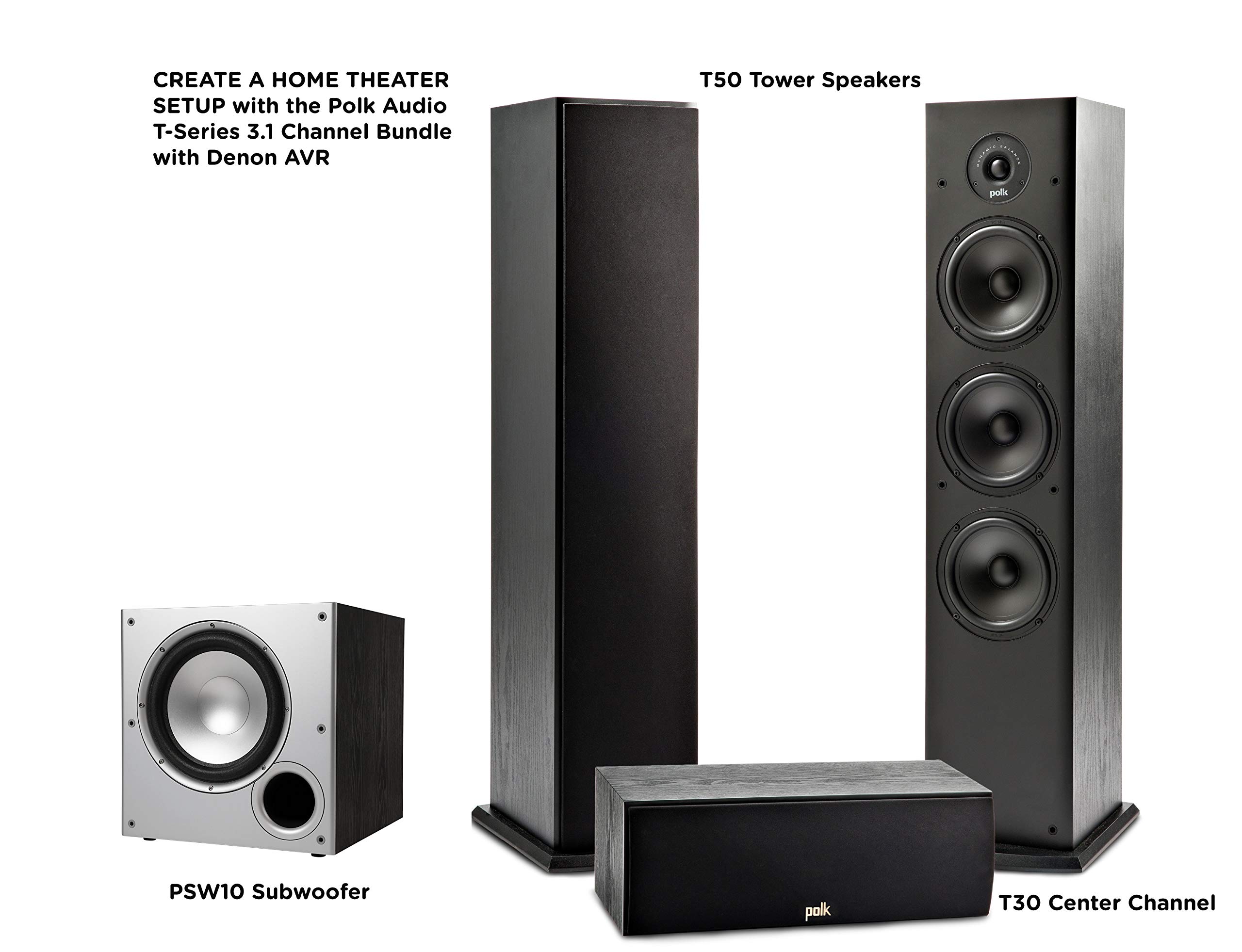 Polk Audio T Series 3.1 Channel Complete Home Theater System with Powered Subwoofer | One (1) T30 Center Channel, Two (2) T50 Tower Speakers | Wi-Fi, Alexa, HEOS Built-in